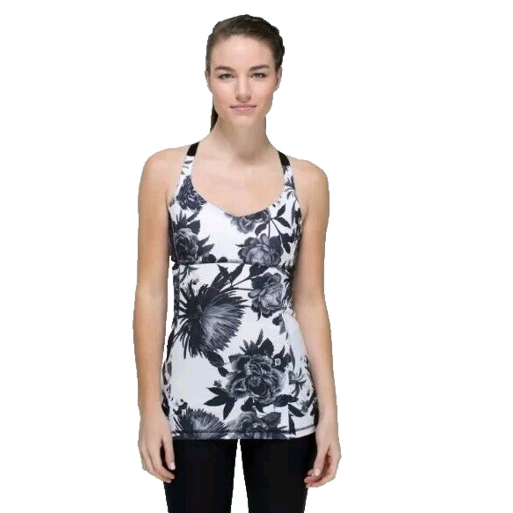 Lululemon Womens 4 Practice Daily Tank Top Black Floral Brisk Broom Built-in Bra
